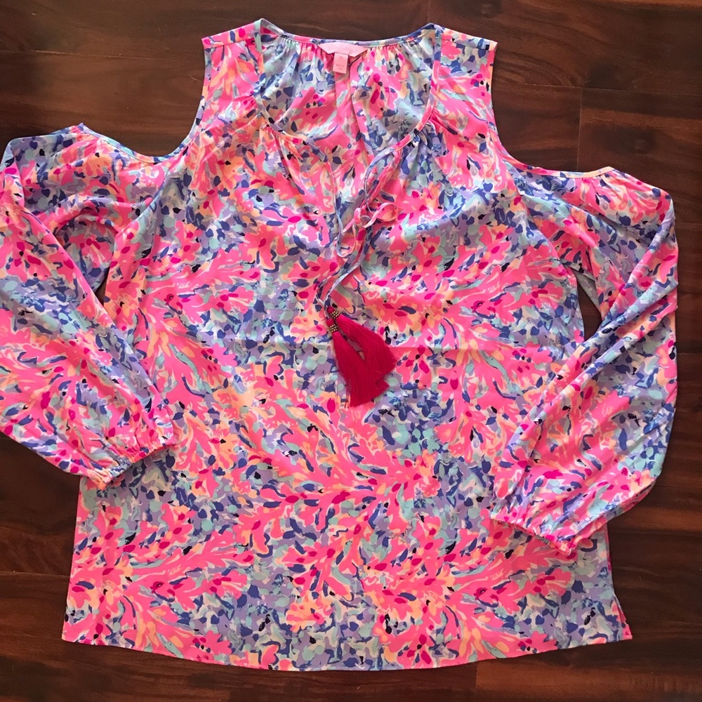 Lilly Pulitzer EUC Finch Silk Open Shoulder Top